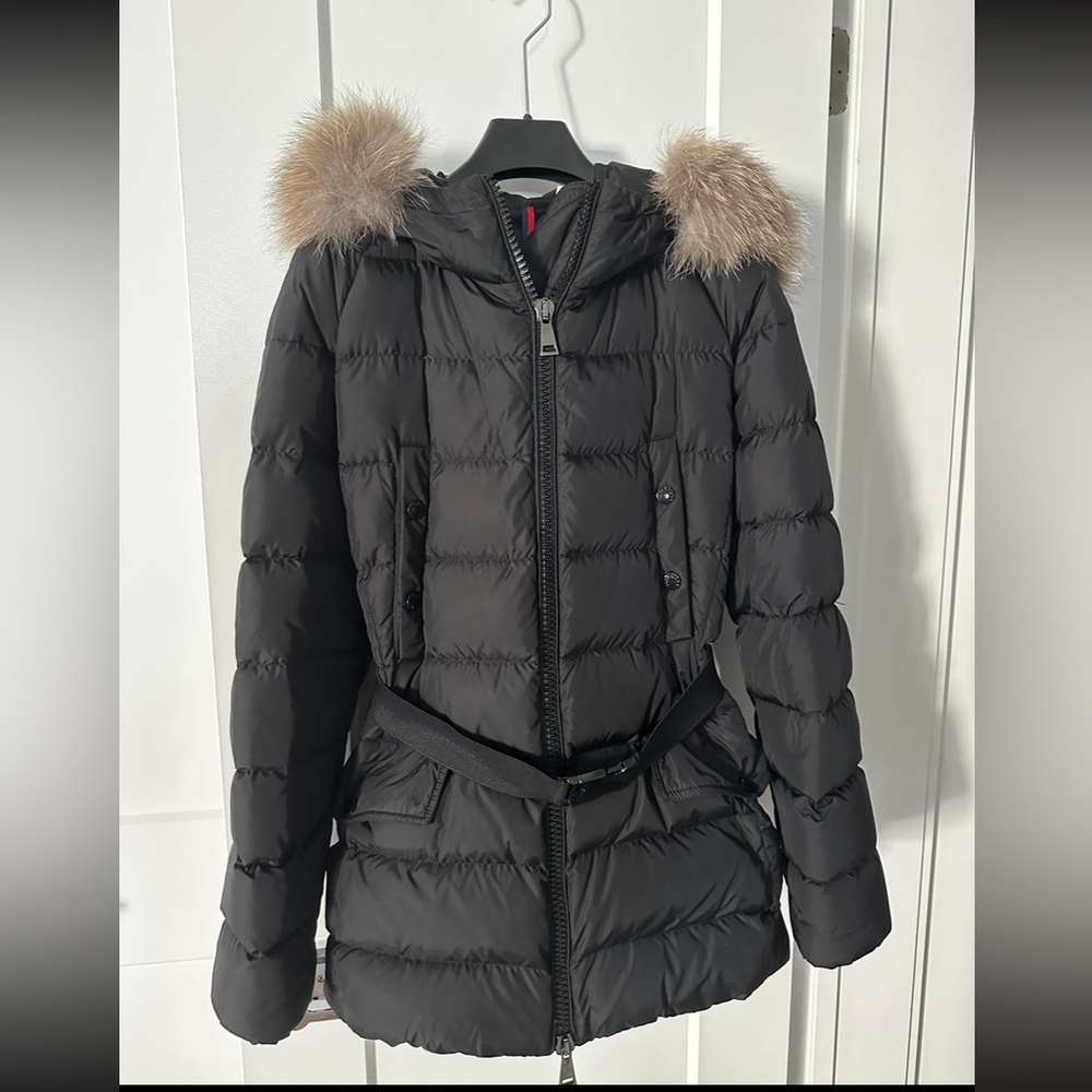 MONCLER CLION BACK BELTED PUFFER WITH FUR TRIMMED HOOD